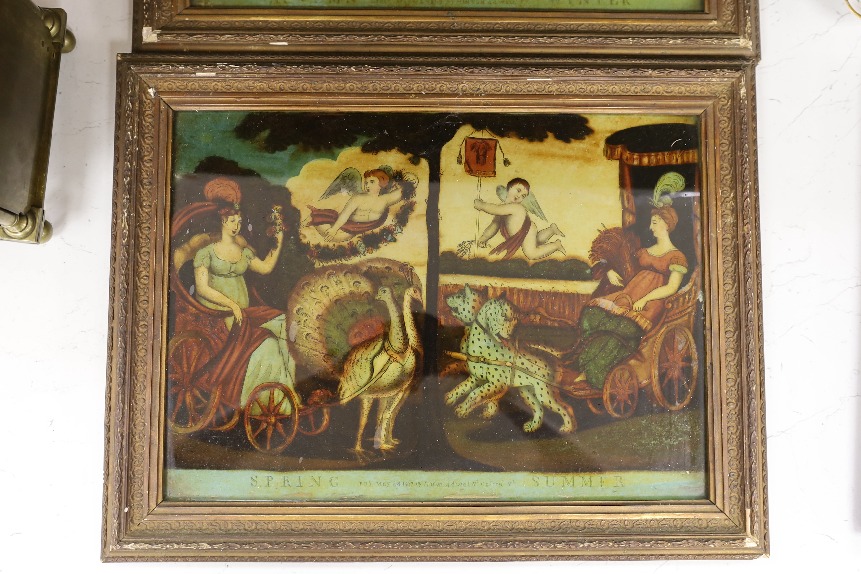 A pair of 19th century framed reverse painted prints on glass, of the four seasons, publ. by Hinton, together with another of Flora The Goddess of Flowers, 43cm x 33cm